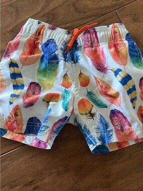 Kids Feather-Print Swim Shorts - White Multicolor